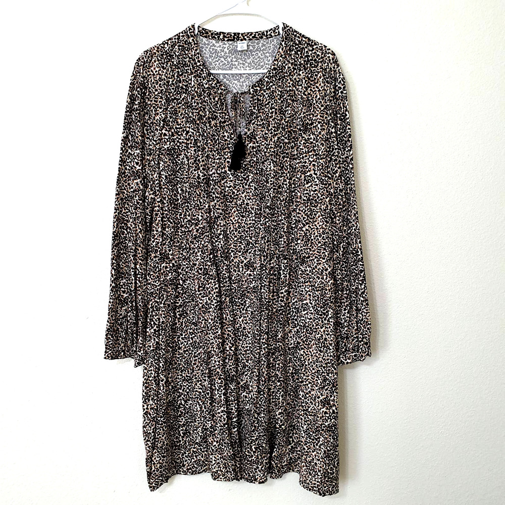 Old Navy Boho Tassel Tie Cheetah Pleated Swing Dress Women's Size 2XL